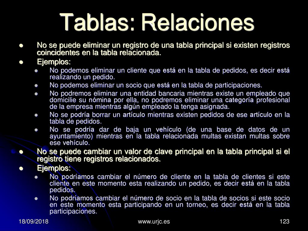 Tablas: Relaciones No se puede eliminar un registro de una tabla principal si existen registros coincidentes en la tabla relacionada.