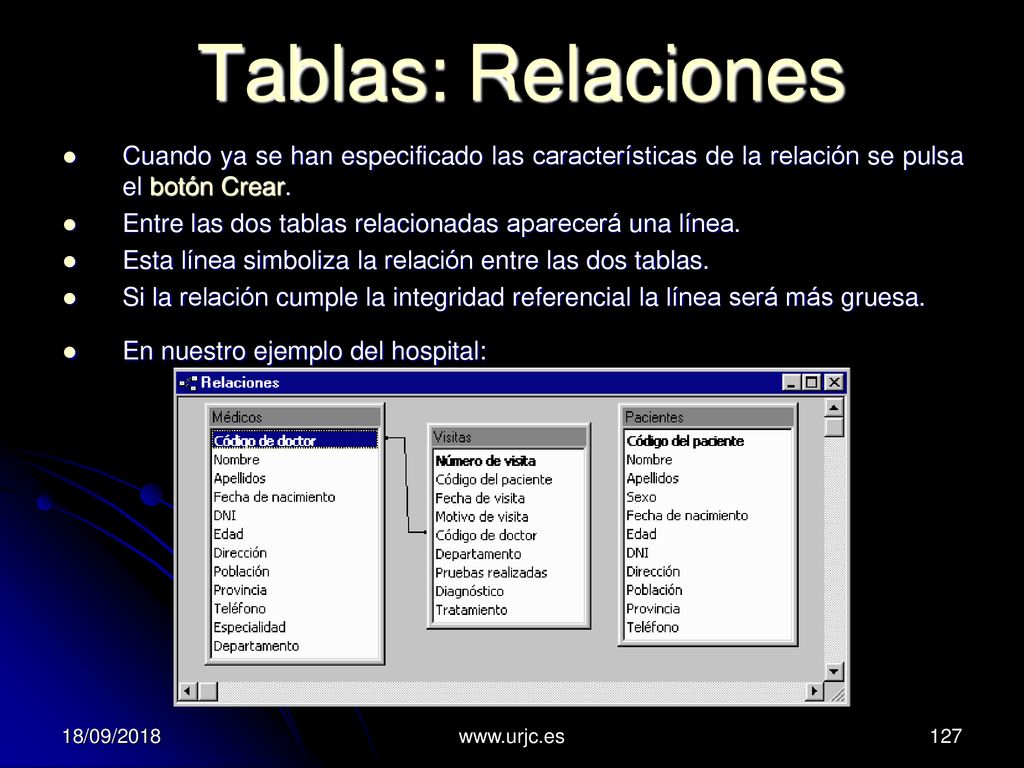 Tablas: Relaciones Cuando ya se han especificado las características de la relación se pulsa el botón Crear.