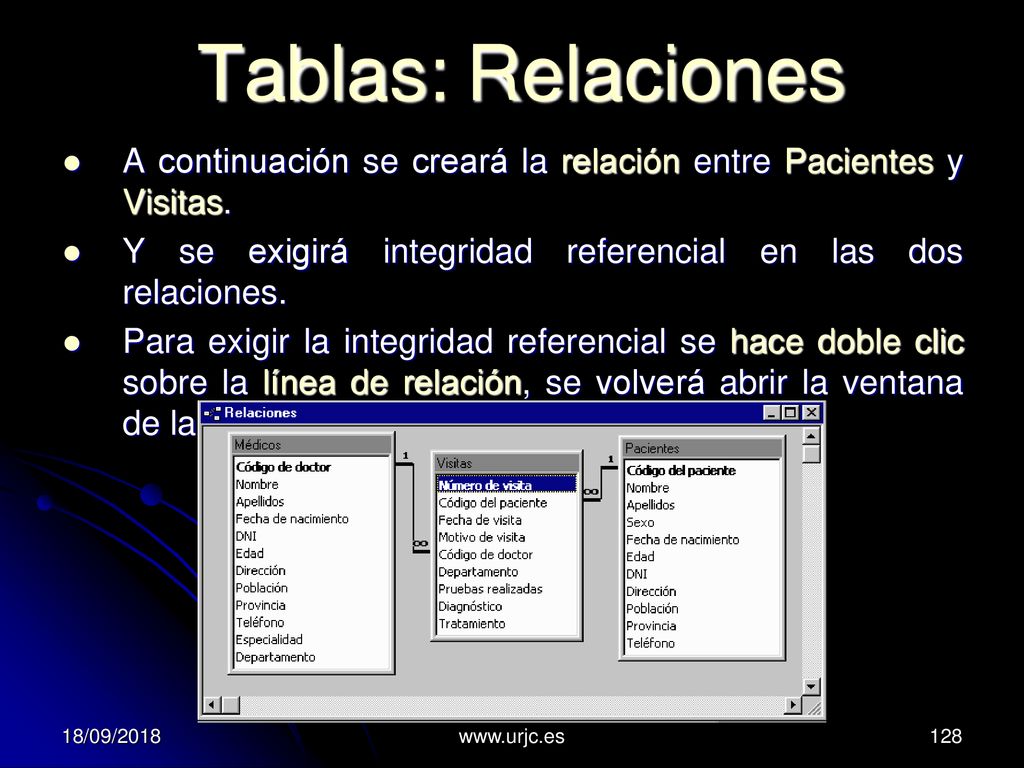 Tablas: Relaciones A continuación se creará la relación entre Pacientes y Visitas. Y se exigirá integridad referencial en las dos relaciones.