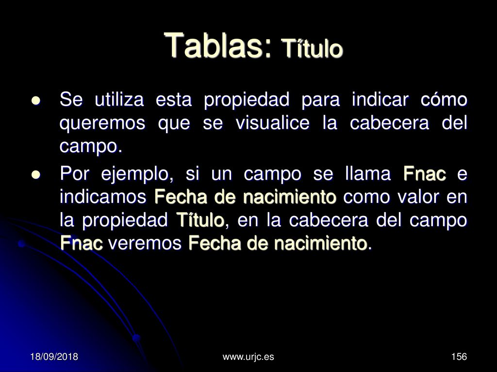 Tablas: Título Se utiliza esta propiedad para indicar cómo queremos que se visualice la cabecera del campo.