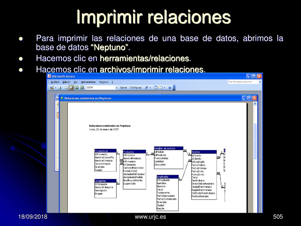 Imprimir relaciones Para imprimir las relaciones de una base de datos, abrimos la base de datos Neptuno .