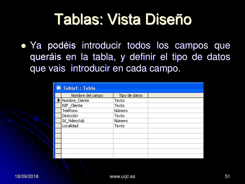 Tablas: Vista Diseño Ya podéis introducir todos los campos que queráis en la tabla, y definir el tipo de datos que vais introducir en cada campo.