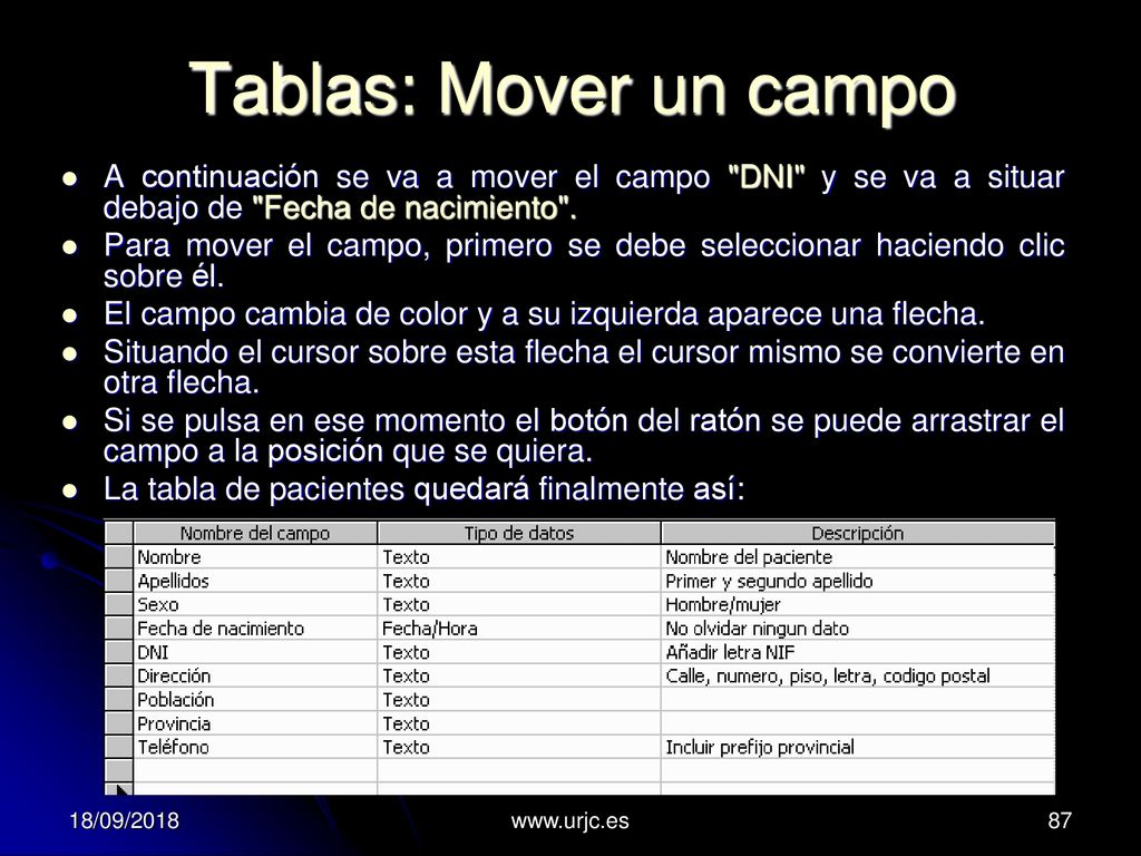 Tablas: Mover un campo A continuación se va a mover el campo DNI y se va a situar debajo de Fecha de nacimiento .