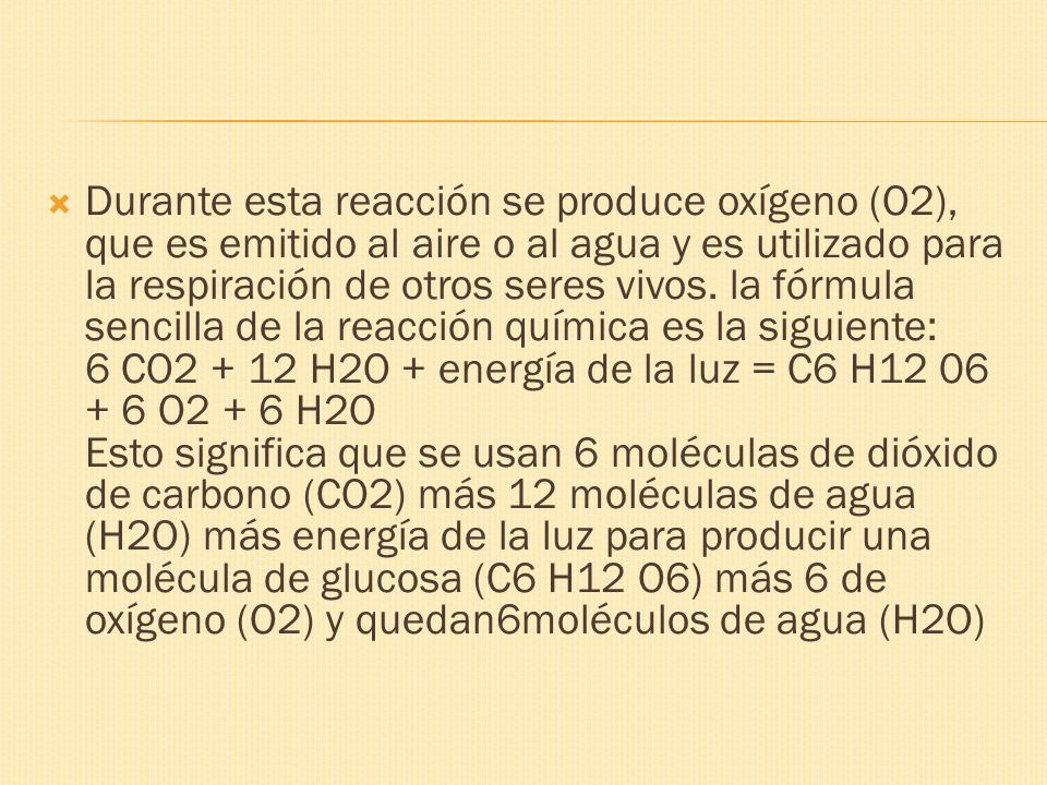 Durante esta reacción se produce oxígeno (O2), que es emitido al aire o al agua y es utilizado para la respiración de otros seres vivos.