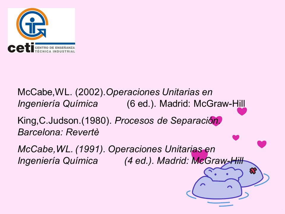 McCabe,WL. (2002).Operaciones Unitarias en Ingeniería Química (6 ed.). Madrid: McGraw-Hill