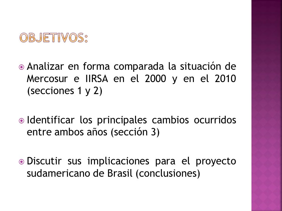 Objetivos: Analizar en forma comparada la situación de Mercosur e IIRSA en el 2000 y en el 2010 (secciones 1 y 2)