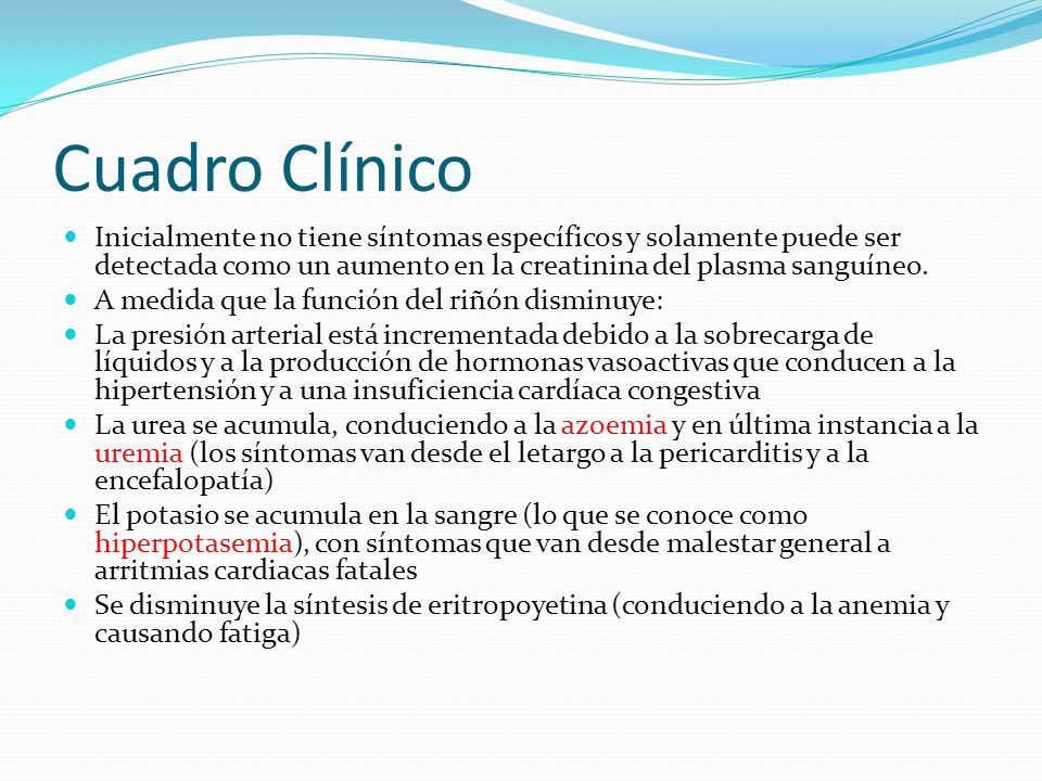 Cuadro Clínico Inicialmente no tiene síntomas específicos y solamente puede ser detectada como un aumento en la creatinina del plasma sanguíneo.