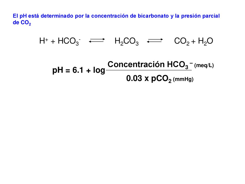 Concentración HCO3 – (meq/L) pH = log 0.03 x pCO2 (mmHg)