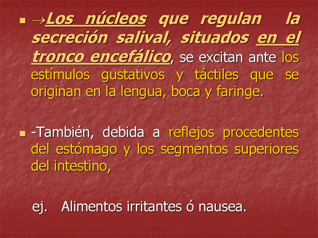 Los núcleos que regulan la secreción salival, situados en el tronco encefálico, se excitan ante los estímulos gustativos y táctiles que se originan en la lengua, boca y faringe.