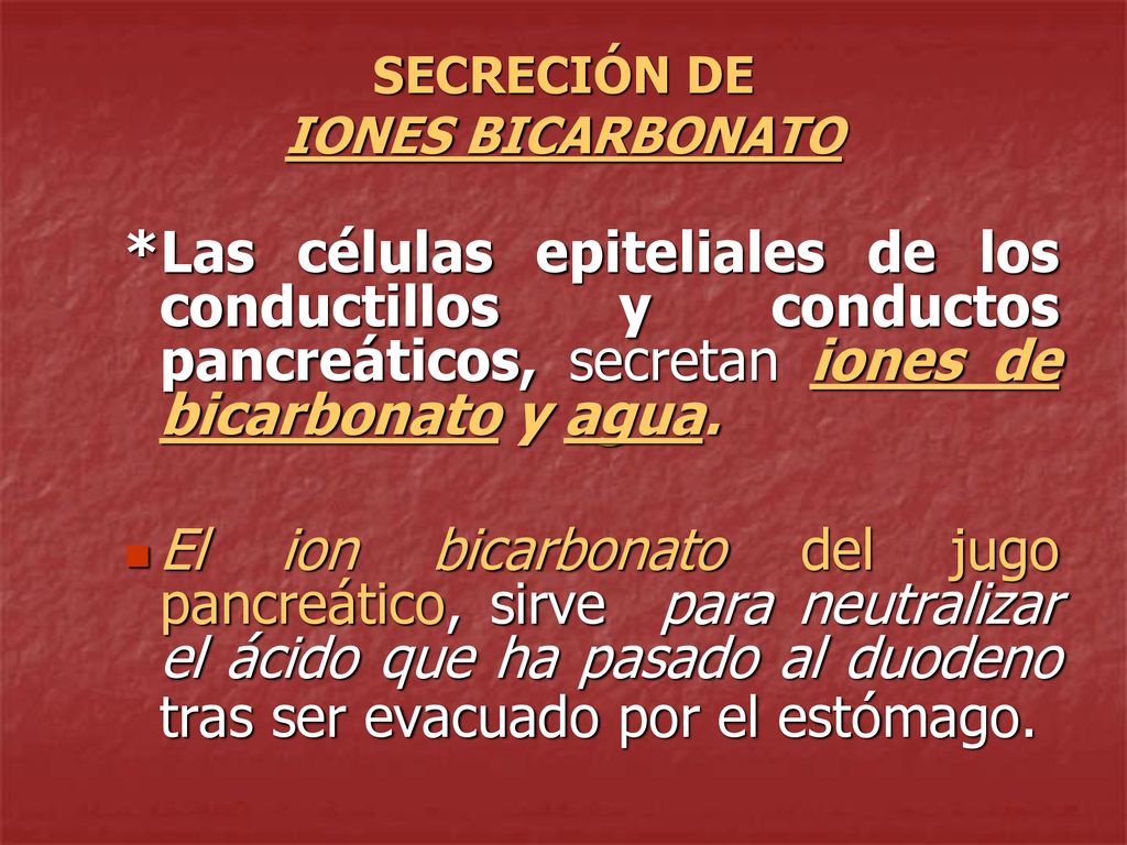 SECRECIÓN DE IONES BICARBONATO. *Las células epiteliales de los conductillos y conductos pancreáticos, secretan iones de bicarbonato y agua.