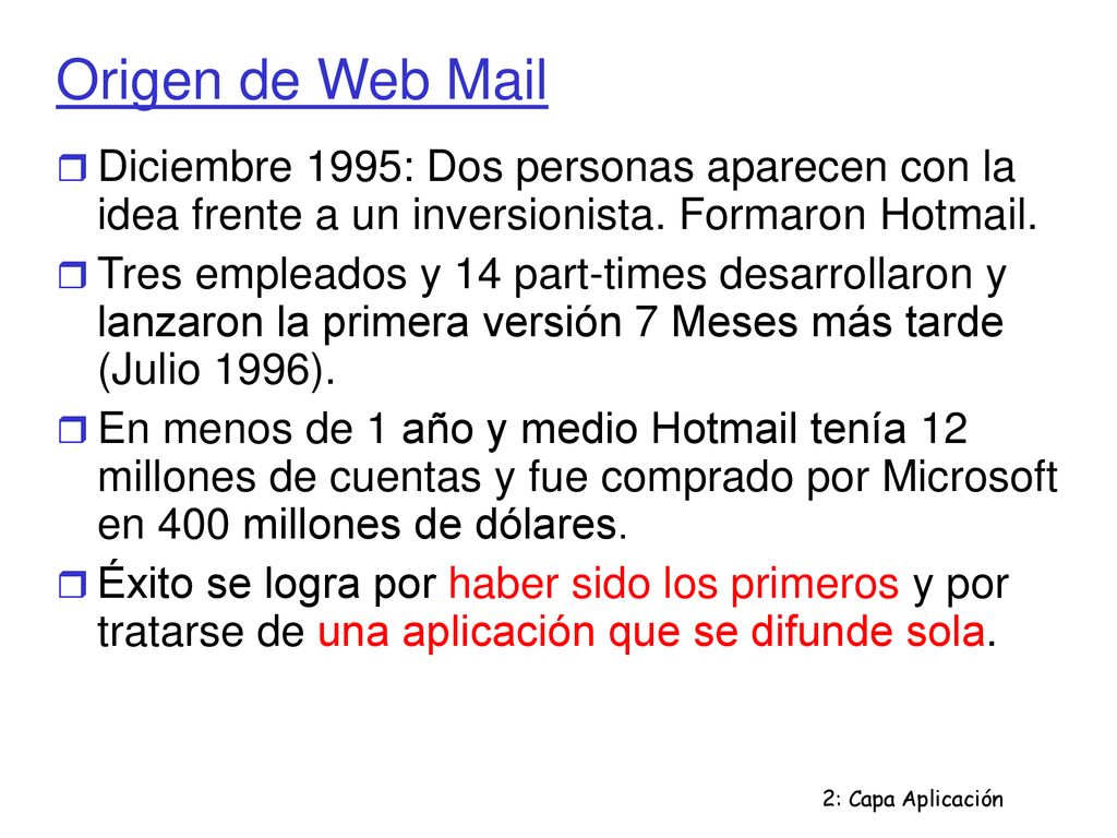 Origen de Web Mail Diciembre 1995: Dos personas aparecen con la idea frente a un inversionista. Formaron Hotmail.