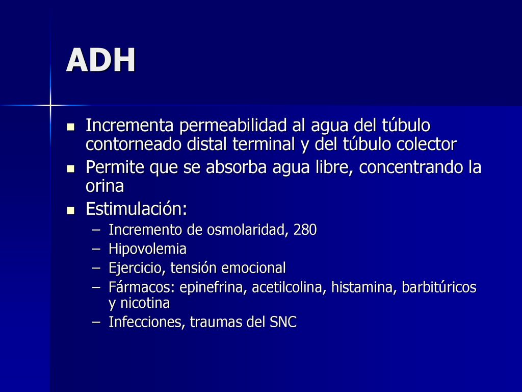 ADH Incrementa permeabilidad al agua del túbulo contorneado distal terminal y del túbulo colector.