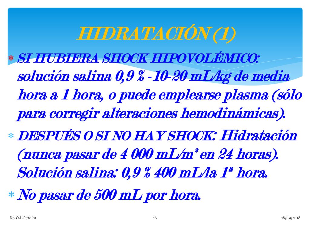 HIDRATACIÓN (1) No pasar de 500 mL por hora.