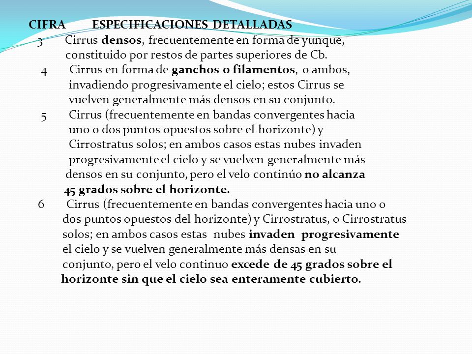 CIFRA ESPECIFICACIONES DETALLADAS 3 Cirrus densos, frecuentemente en forma de yunque, constituido por restos de partes superiores de Cb.