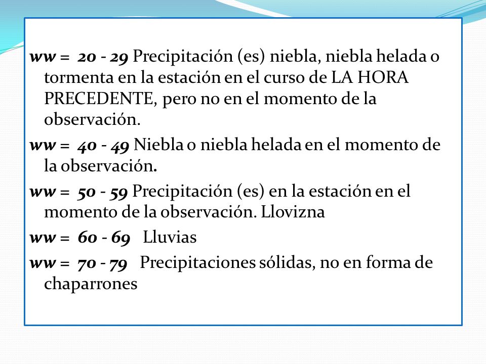 ww = Precipitación (es) niebla, niebla helada o tormenta en la estación en el curso de LA HORA PRECEDENTE, pero no en el momento de la observación.