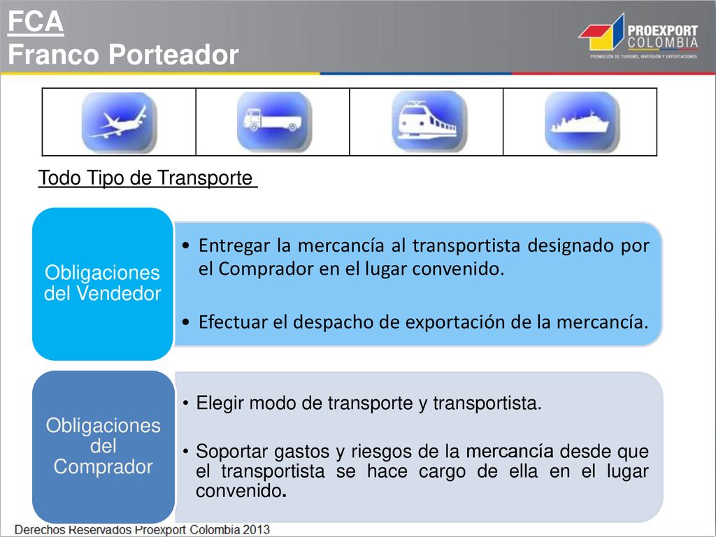 FCA Franco Porteador. Todo Tipo de Transporte. Entregar la mercancía al transportista designado por el Comprador en el lugar convenido.