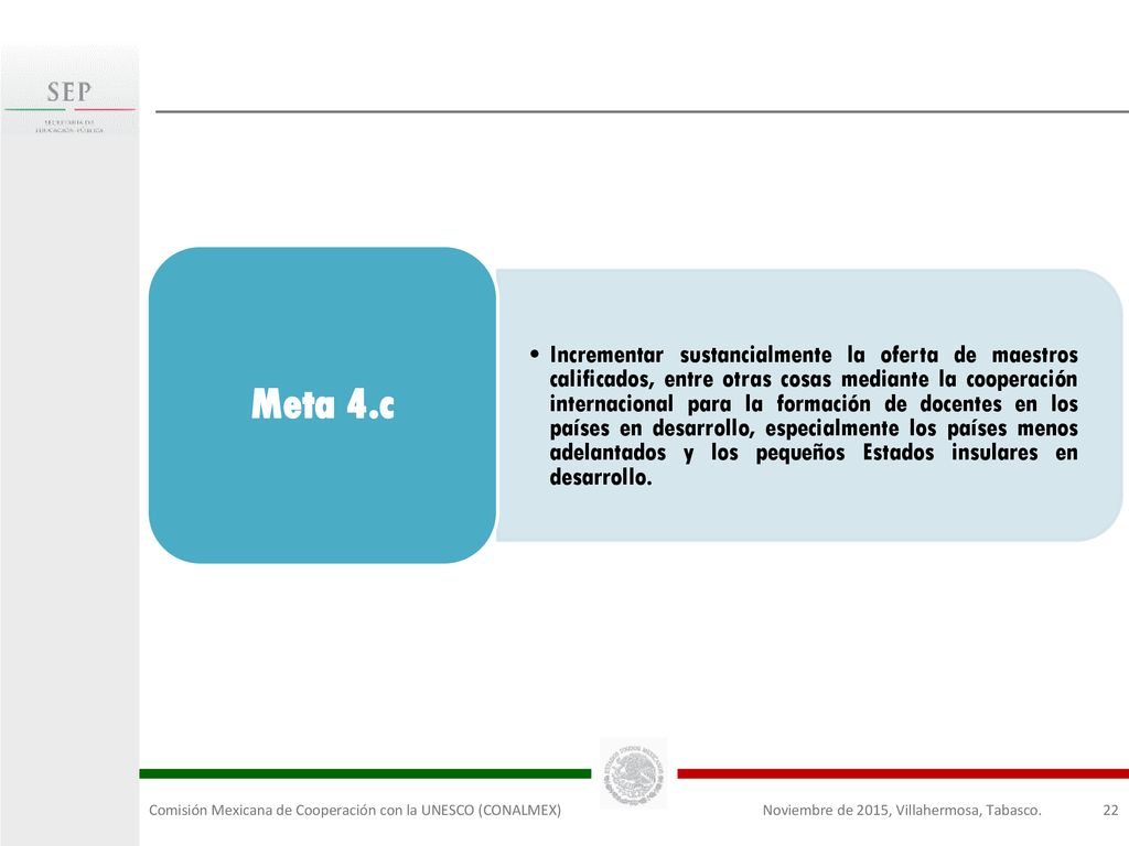 Incrementar sustancialmente la oferta de maestros calificados, entre otras cosas mediante la cooperación internacional para la formación de docentes en los países en desarrollo, especialmente los países menos adelantados y los pequeños Estados insulares en desarrollo.