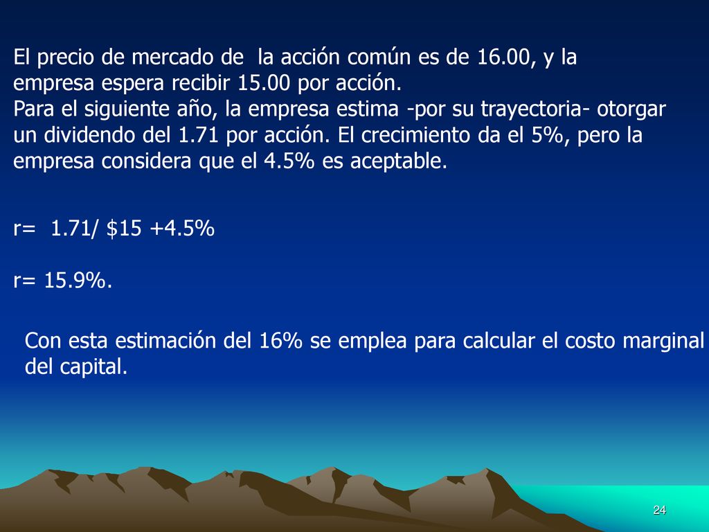 El precio de mercado de la acción común es de 16.00, y la
