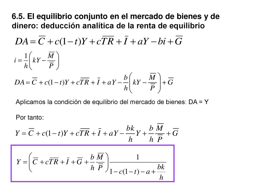 6.5. El equilibrio conjunto en el mercado de bienes y de dinero: deducción analítica de la renta de equilibrio