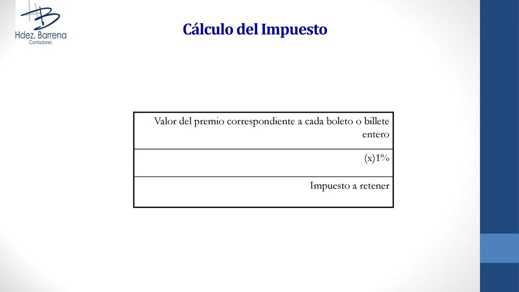 Cálculo del Impuesto Valor del premio correspondiente a cada boleto o billete entero.