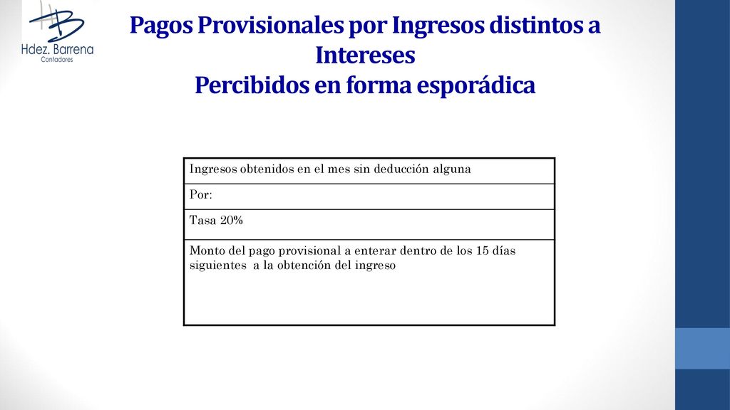 Pagos Provisionales por Ingresos distintos a Intereses Percibidos en forma esporádica