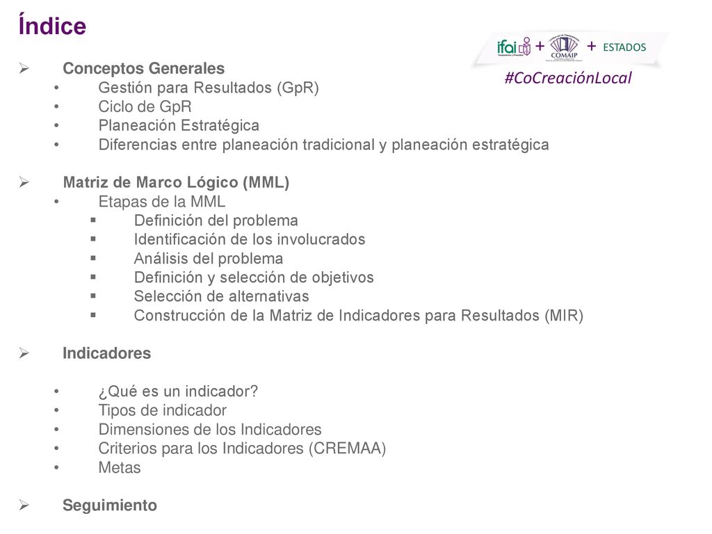 Índice Conceptos Generales Gestión para Resultados (GpR) Ciclo de GpR