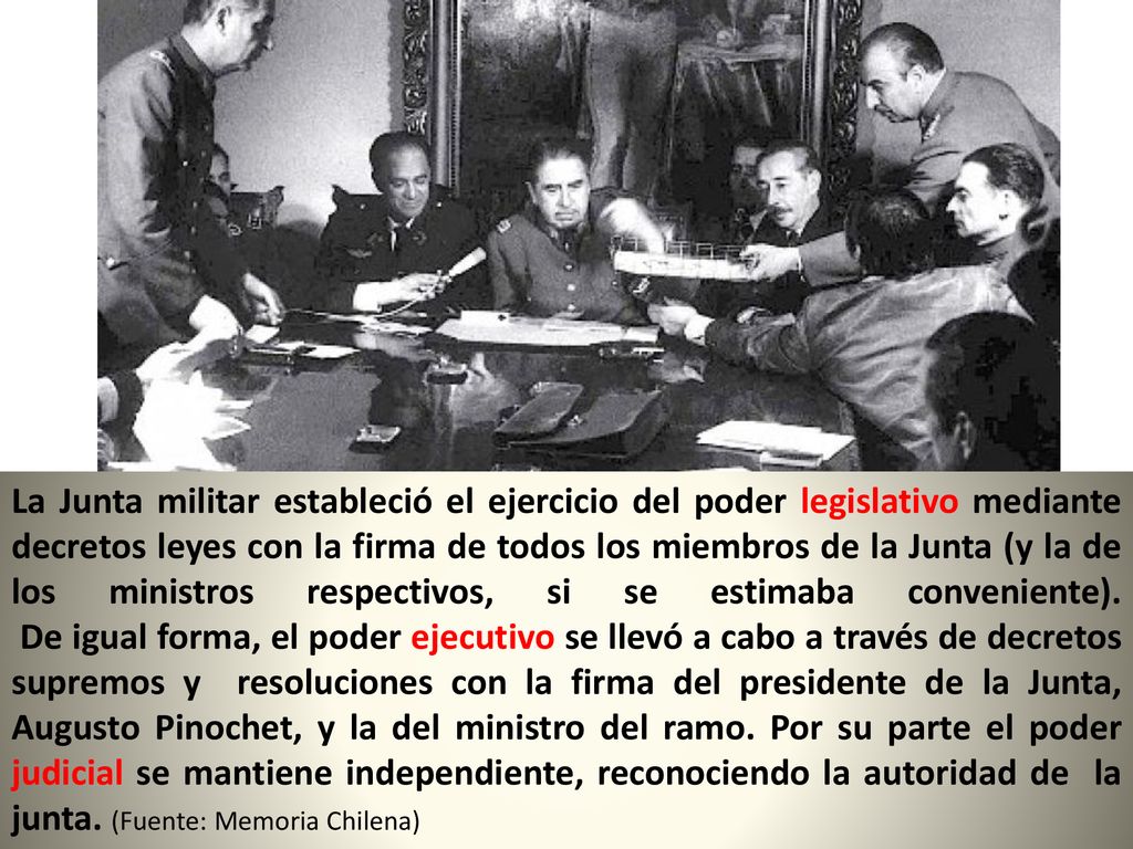 La Junta militar estableció el ejercicio del poder legislativo mediante decretos leyes con la firma de todos los miembros de la Junta (y la de los ministros respectivos, si se estimaba conveniente).