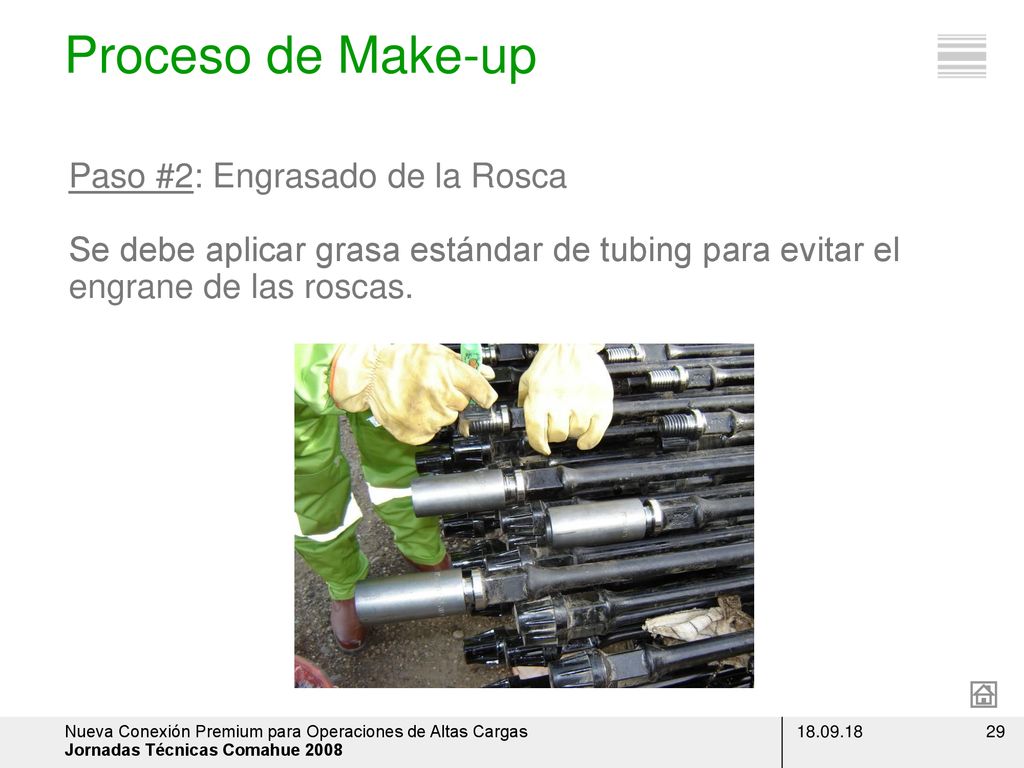 Proceso de Make-up Paso #2: Engrasado de la Rosca Se debe aplicar grasa estándar de tubing para evitar el engrane de las roscas.