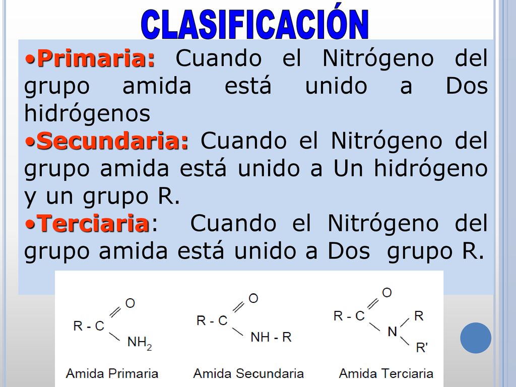 CLASIFICACIÓN Primaria: Cuando el Nitrógeno del grupo amida está unido a Dos hidrógenos.