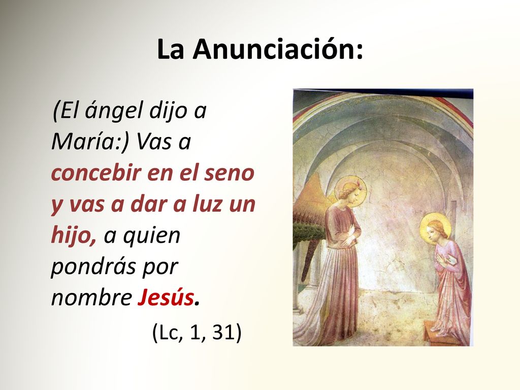 La Anunciación: (El ángel dijo a María:) Vas a concebir en el seno y vas a dar a luz un hijo, a quien pondrás por nombre Jesús.