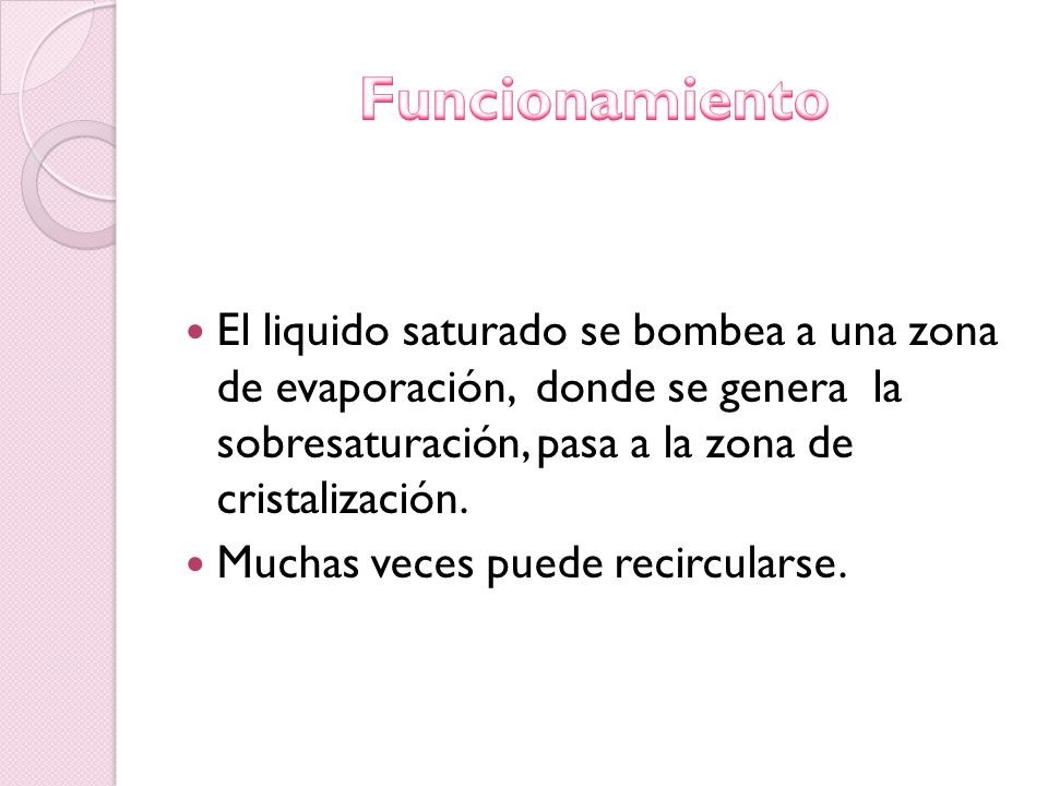 Funcionamiento El liquido saturado se bombea a una zona de evaporación, donde se genera la sobresaturación, pasa a la zona de cristalización.