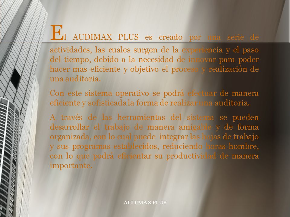 El AUDIMAX PLUS es creado por una serie de actividades, las cuales surgen de la experiencia y el paso del tiempo, debido a la necesidad de innovar para poder hacer mas eficiente y objetivo el proceso y realización de una auditoria.