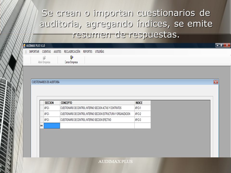 Se crean o importan cuestionarios de auditoria, agregando índices, se emite resumen de respuestas.