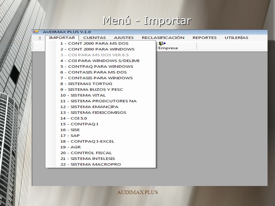 AUDIMAX PLUS Menú - Importar AUDIMAX PLUS