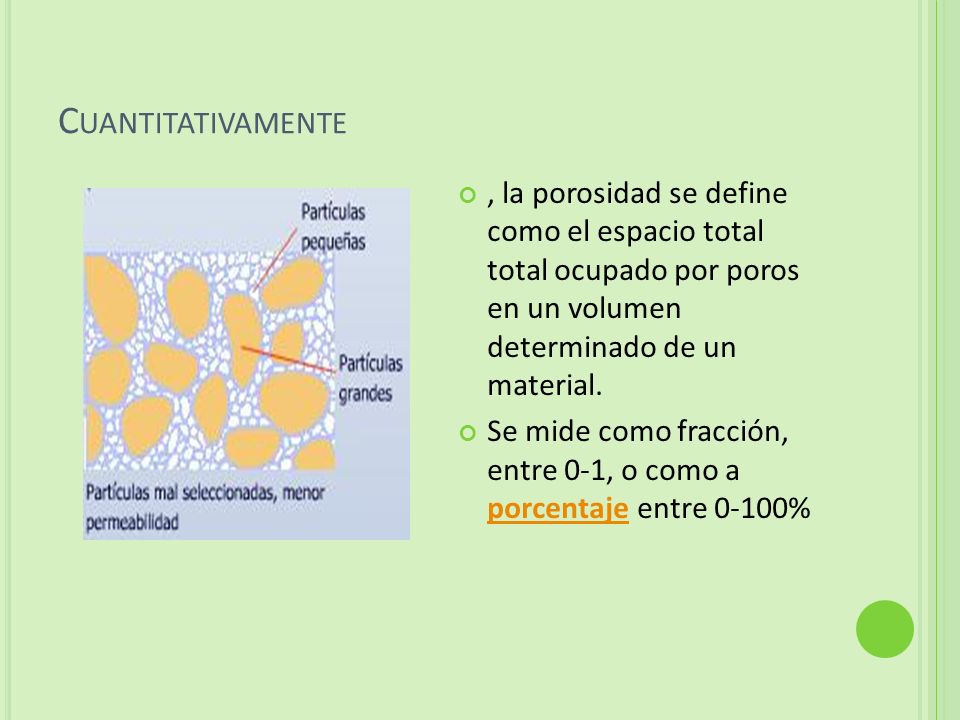 Cuantitativamente , la porosidad se define como el espacio total total ocupado por poros en un volumen determinado de un material.