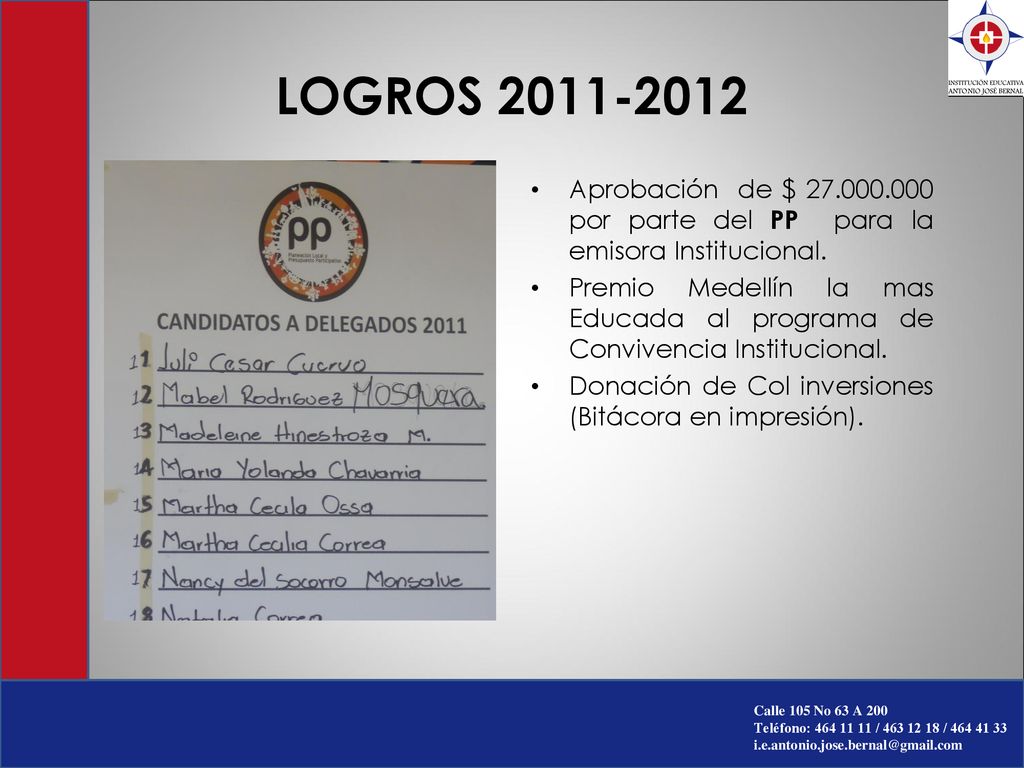 LOGROS Aprobación de $ por parte del PP para la emisora Institucional.