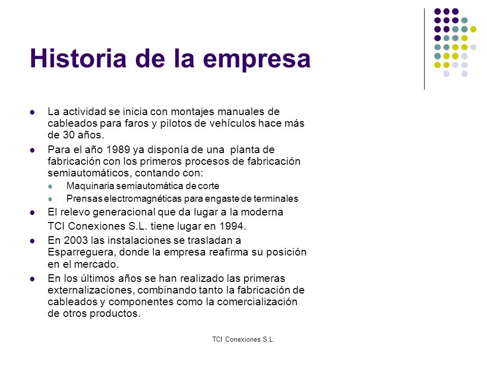 Historia de la empresa La actividad se inicia con montajes manuales de cableados para faros y pilotos de vehículos hace más de 30 años.