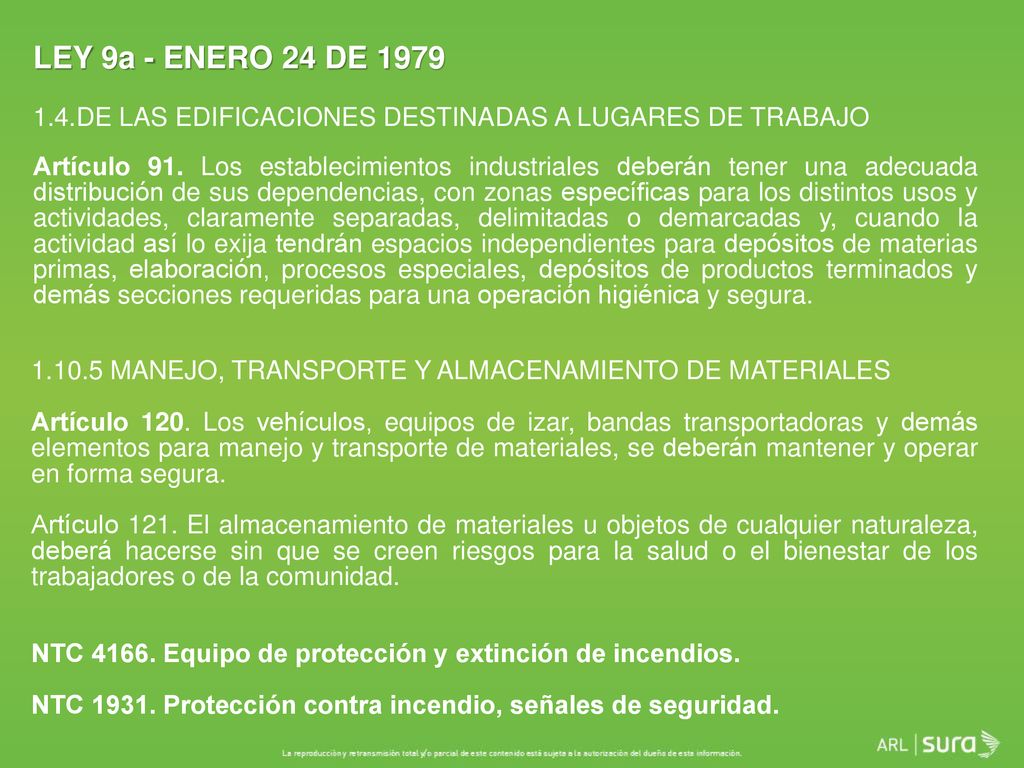LEY 9a - ENERO 24 DE DE LAS EDIFICACIONES DESTINADAS A LUGARES DE TRABAJO.