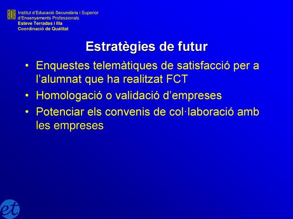 Estratègies de futur Enquestes telemàtiques de satisfacció per a l’alumnat que ha realitzat FCT. Homologació o validació d’empreses.