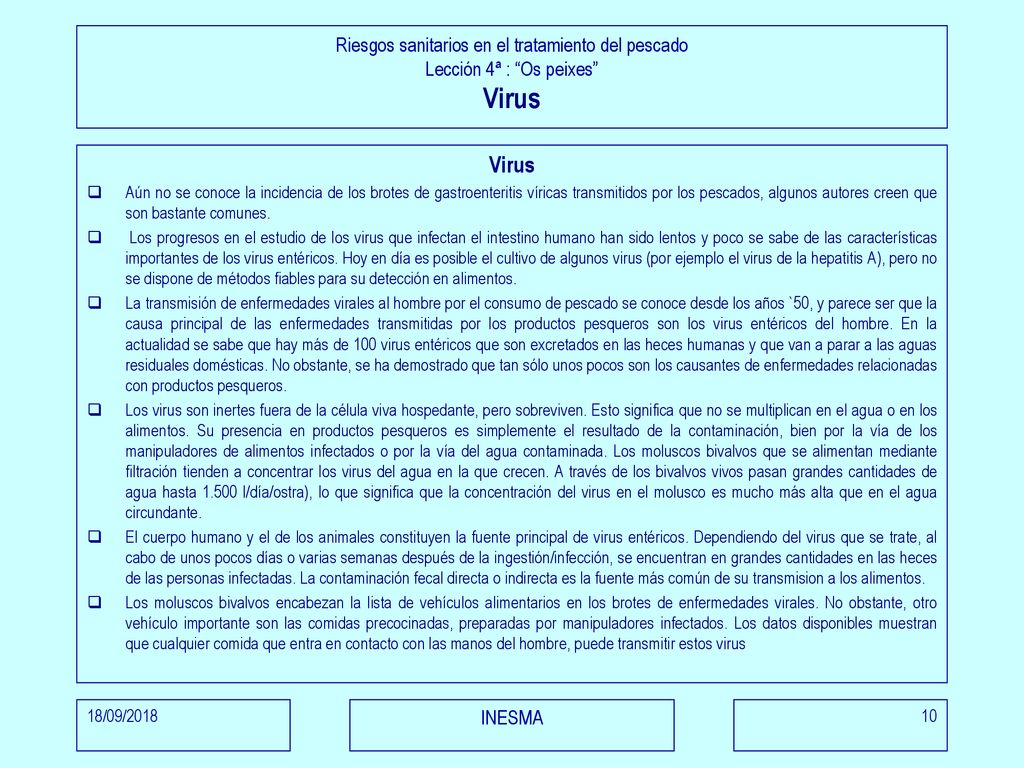 Riesgos sanitarios en el tratamiento del pescado Lección 4ª : Os peixes Virus