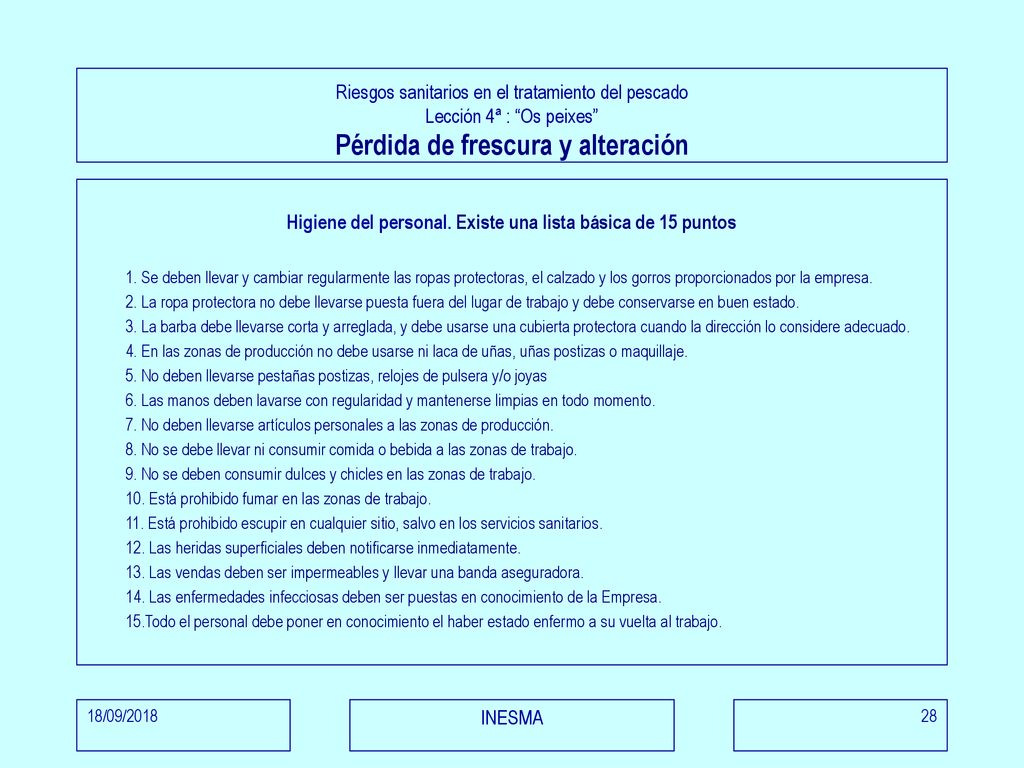 Higiene del personal. Existe una lista básica de 15 puntos