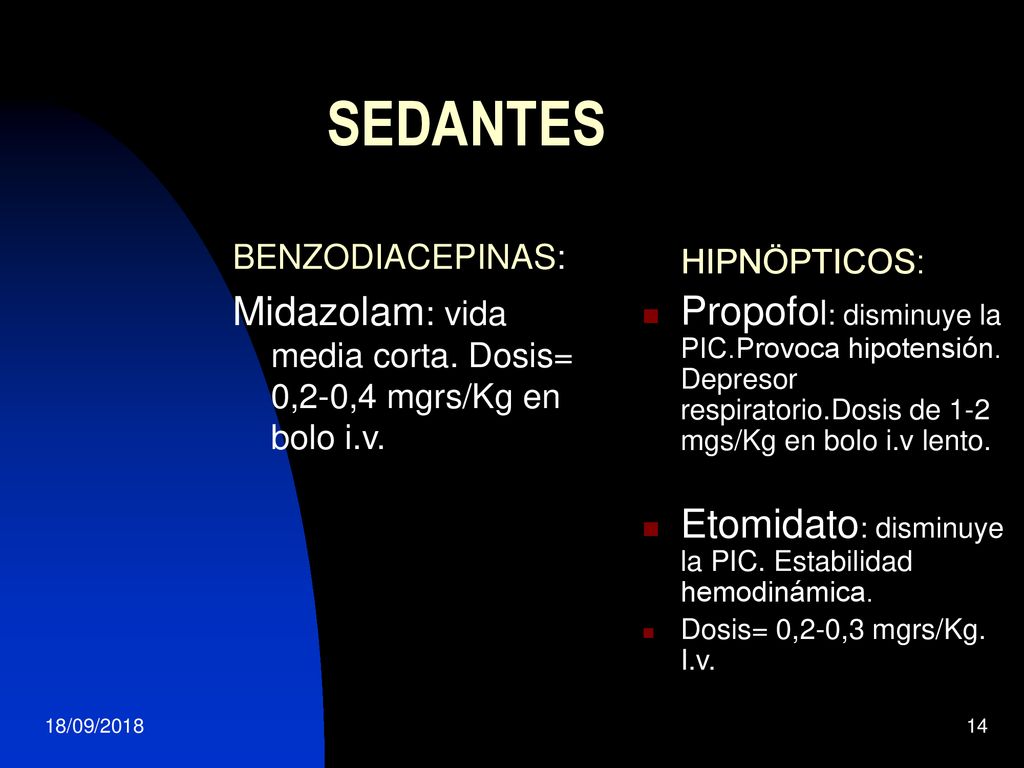 SEDANTES BENZODIACEPINAS: Midazolam: vida media corta. Dosis= 0,2-0,4 mgrs/Kg en bolo i.v. HIPNÖPTICOS: