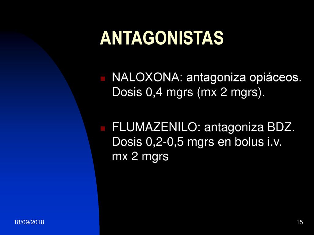 ANTAGONISTAS NALOXONA: antagoniza opiáceos. Dosis 0,4 mgrs (mx 2 mgrs). FLUMAZENILO: antagoniza BDZ. Dosis 0,2-0,5 mgrs en bolus i.v. mx 2 mgrs.