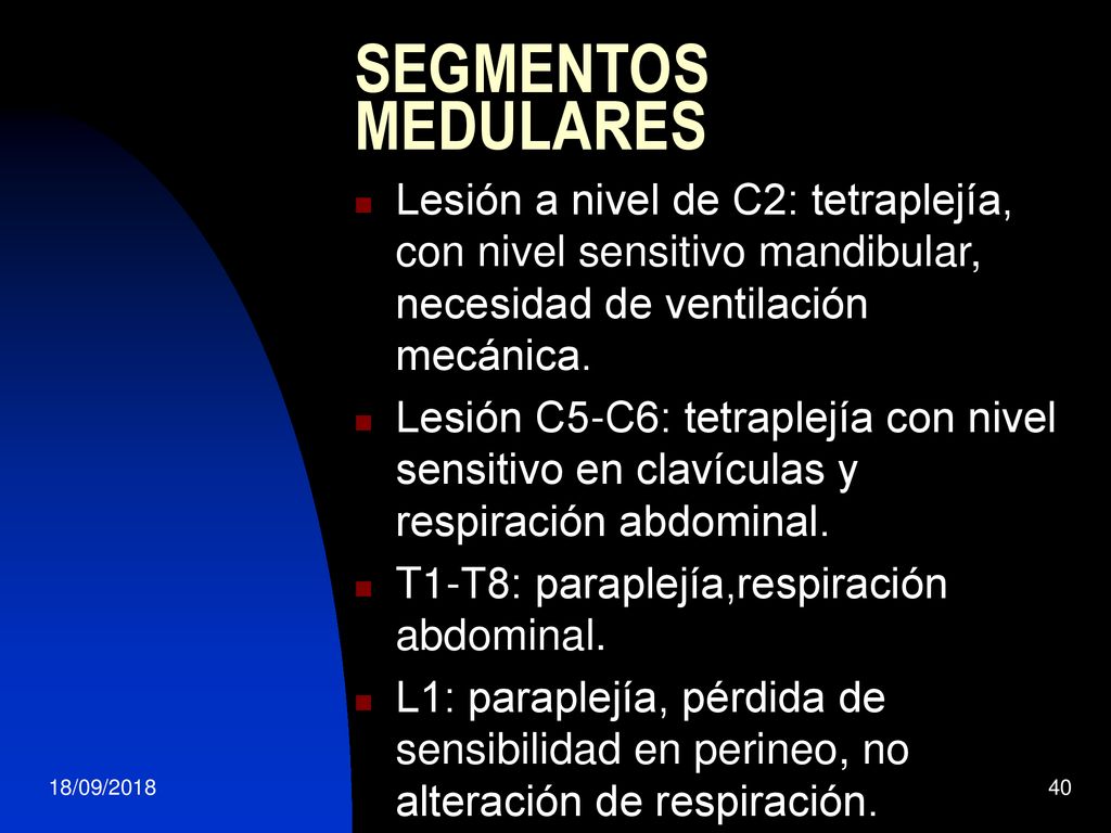 SEGMENTOS MEDULARES Lesión a nivel de C2: tetraplejía, con nivel sensitivo mandibular, necesidad de ventilación mecánica.
