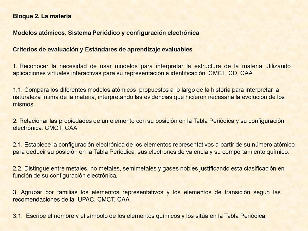 Bloque 2. La materia Modelos atómicos. Sistema Periódico y configuración electrónica. Criterios de evaluación y Estándares de aprendizaje evaluables.
