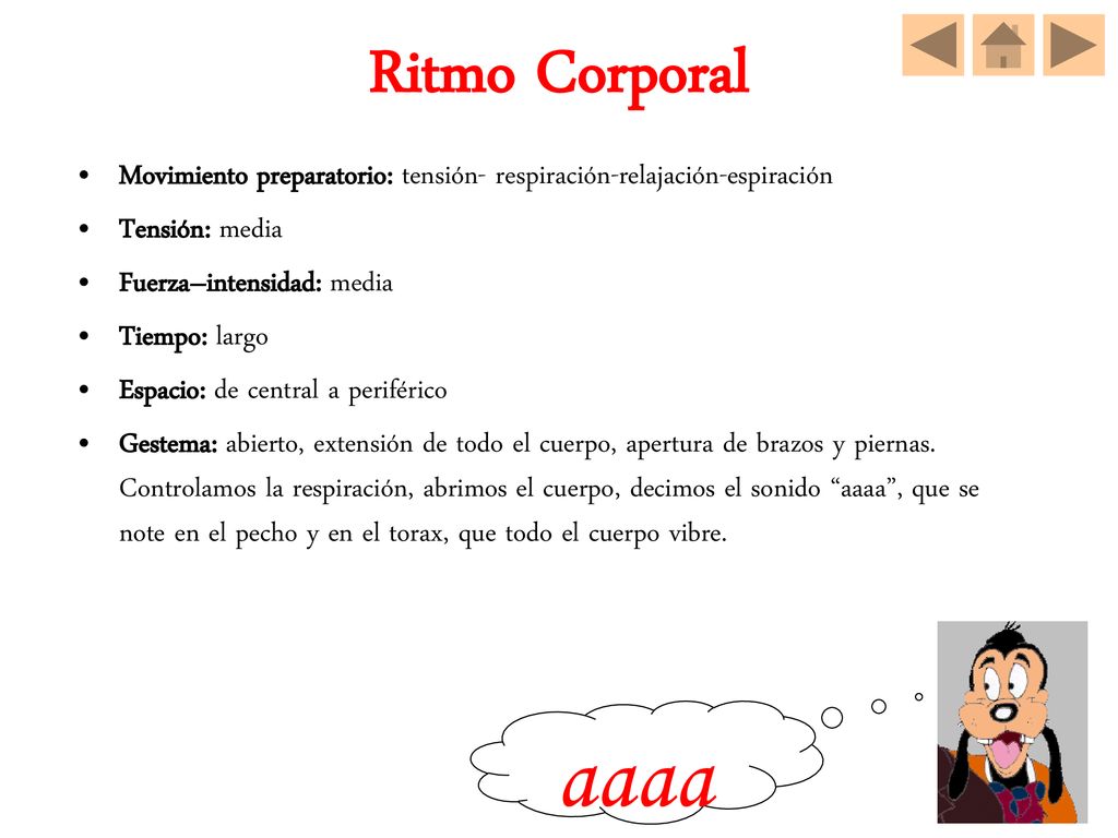 Ritmo Corporal Movimiento preparatorio: tensión- respiración-relajación-espiración. Tensión: media.