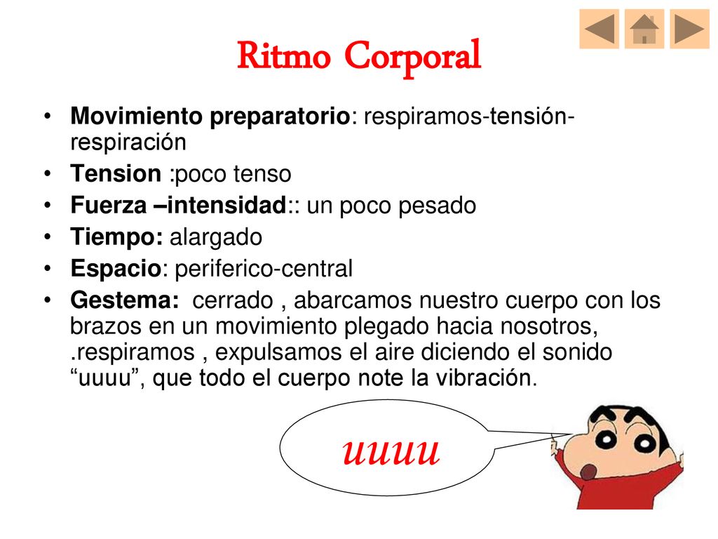 Ritmo Corporal Movimiento preparatorio: respiramos-tensión-respiración. Tension :poco tenso. Fuerza –intensidad:: un poco pesado.
