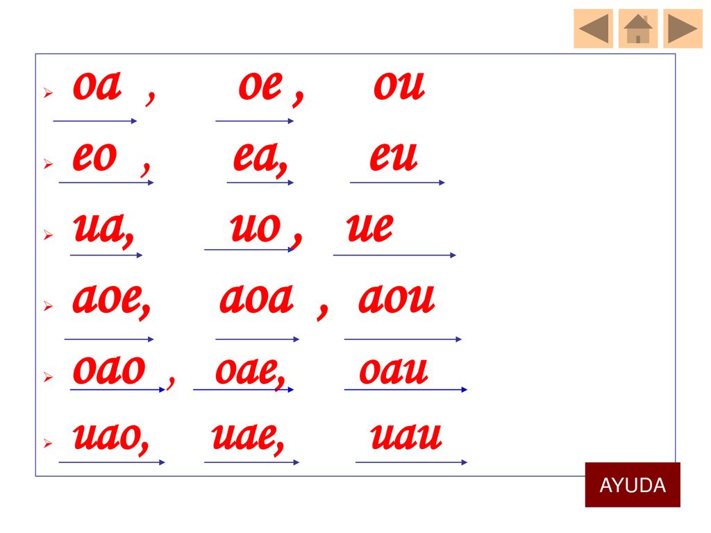 oa , oe , ou eo , ea, eu ua, uo , ue aoe, aoa , aou oao , oae, oau