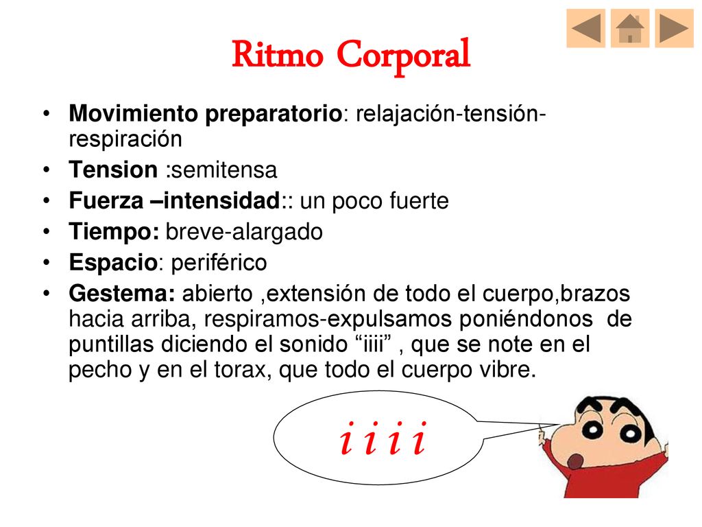 Ritmo Corporal Movimiento preparatorio: relajación-tensión-respiración. Tension :semitensa. Fuerza –intensidad:: un poco fuerte.