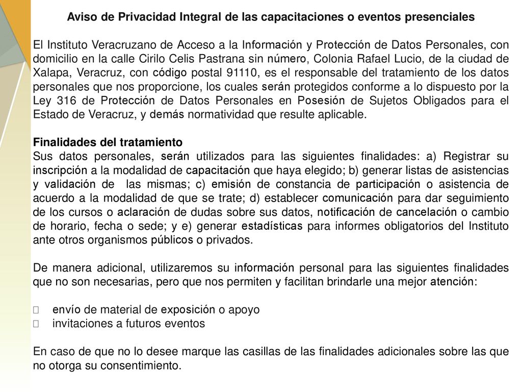 Aviso de Privacidad Integral de las capacitaciones o eventos presenciales